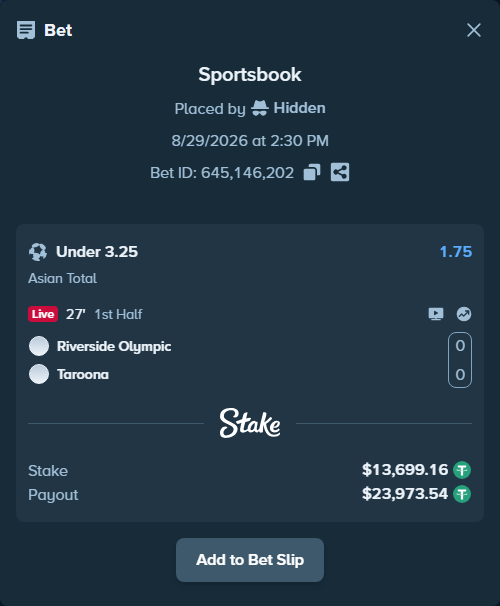 Bet slip: Riverside Olympic - Taroona, $13,699.16 stake at 1.75 odds, placed by Hidden