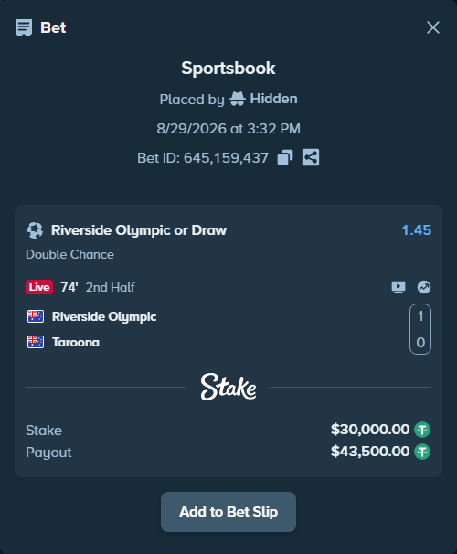 Bet slip: Riverside Olympic - Taroona, $30,000.00 stake at 1.45 odds, placed by Hidden