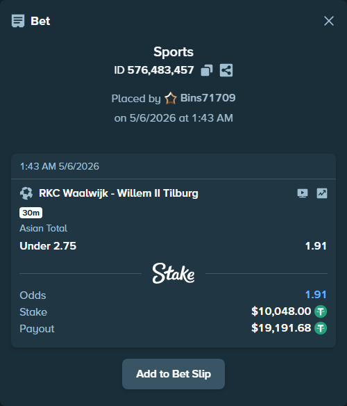 Bet slip: RKC Waalwijk - Willem II Tilburg, $10,048.00 stake at 1.91 odds, placed by Bins71709