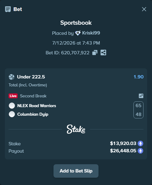 Bet slip: Road Warriors - Dyip, $14,703.20 stake at 1.90 odds, placed by Kriski99