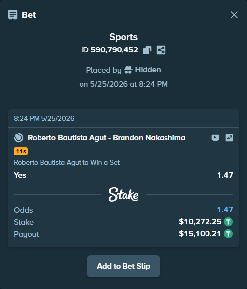 Bet slip: Roberto Bautista Agut - Brandon Nakashima, $10,282.52 stake at 1.47 odds, placed by Hidden