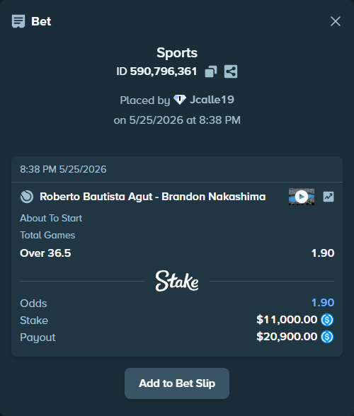 Bet slip: Roberto Bautista Agut - Brandon Nakashima, $11,000.00 stake at 1.90 odds, placed by Jcalle19