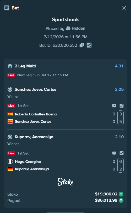 Bet slip: Roberto Carballes Baena - Sanchez Jover, Carlos, $20,000.00 stake at 2.05 odds, placed by Hidden