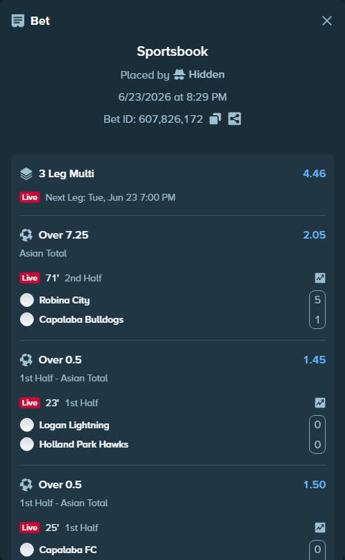 Bet slip: Robina City - Capalaba Bulldogs, $11,267.89 stake at 2.05 odds, placed by Hidden