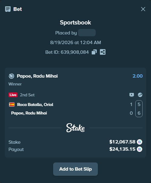 Bet slip: Roca Batalla, Oriol - Papoe, Radu Mihai, $12,204.01 stake at 2.00 odds, placed by MOROCCO22