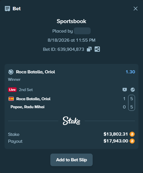 Bet slip: Roca Batalla, Oriol - Papoe, Radu Mihai, $13,876.00 stake at 1.30 odds, placed by messrjaysr