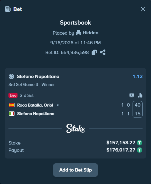 Bet slip: Roca Batalla, Oriol - Stefano Napolitano, $157,158.27 stake at 1.12 odds, placed by Hidden