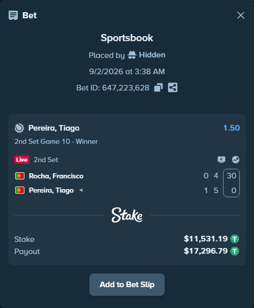 Bet slip: Rocha, Francisco - Pereira, Tiago, $11,531.19 stake at 1.50 odds, placed by Hidden
