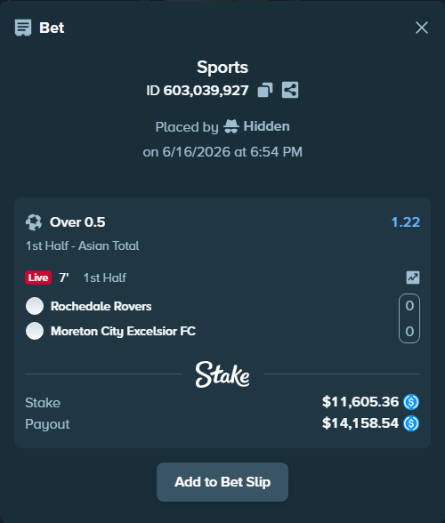 Bet slip: Rochedale Rovers - Moreton City Excelsior FC, $11,605.36 stake at 1.22 odds, placed by Hidden