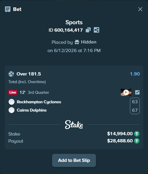 Bet slip: Rockhampton Cyclones - Cairns Dolphins, $15,008.99 stake at 1.90 odds, placed by Hidden