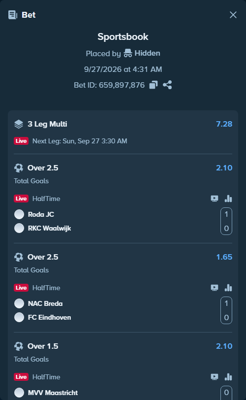 Bet slip: Roda JC Kerkrade - RKC Waalwijk, $50,000.00 stake at 2.10 odds, placed by Hidden
