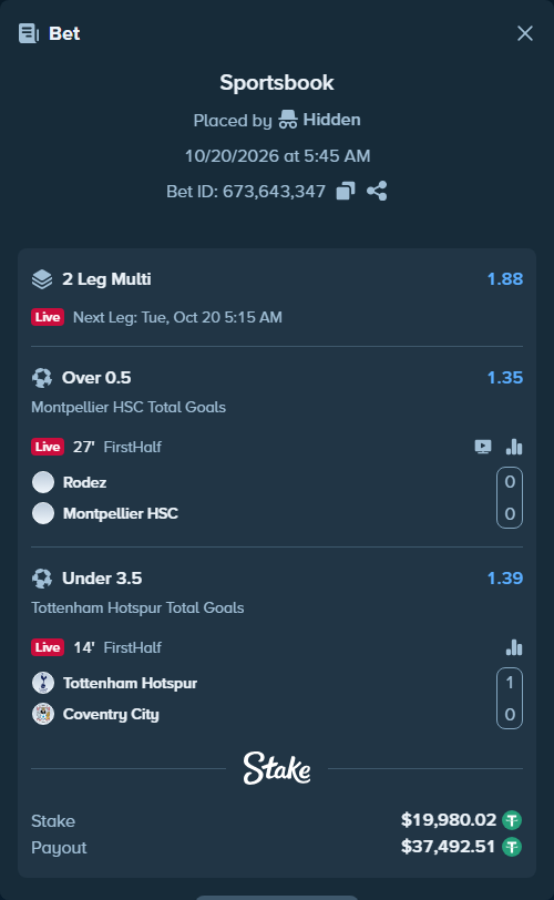 Bet slip: Rodez - Montpellier, $20,000.00 stake at 1.35 odds, placed by Hidden