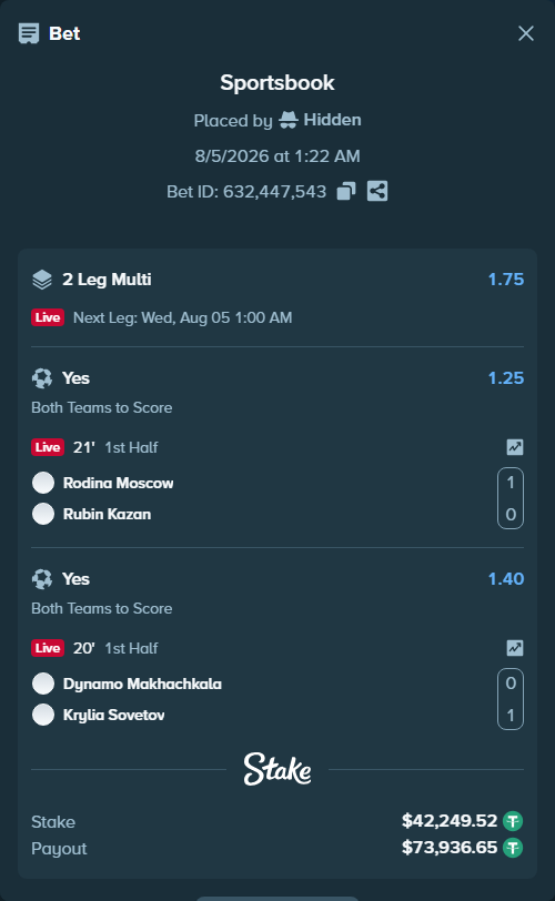 Bet slip: Rodina Moscow - Rubin Kazan, $42,291.77 stake at 1.25 odds, placed by Hidden