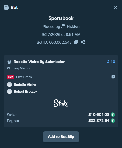Bet slip: Rodolfo Vieira - Robert Bryczek, $10,604.08 stake at 3.10 odds, placed by theoutlaw