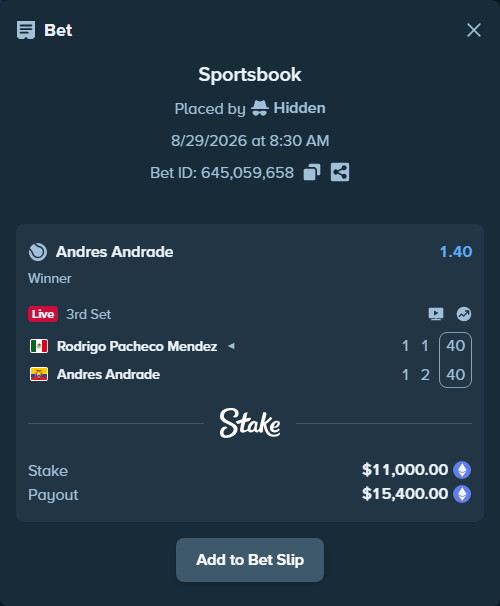Bet slip: Rodrigo Pacheco Mendez - Andres Andrade, $11,004.75 stake at 1.40 odds, placed by Hidden