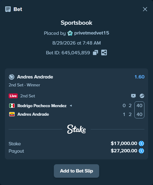 Bet slip: Rodrigo Pacheco Mendez - Andres Andrade, $17,000.00 stake at 1.60 odds, placed by privetmedvet15
