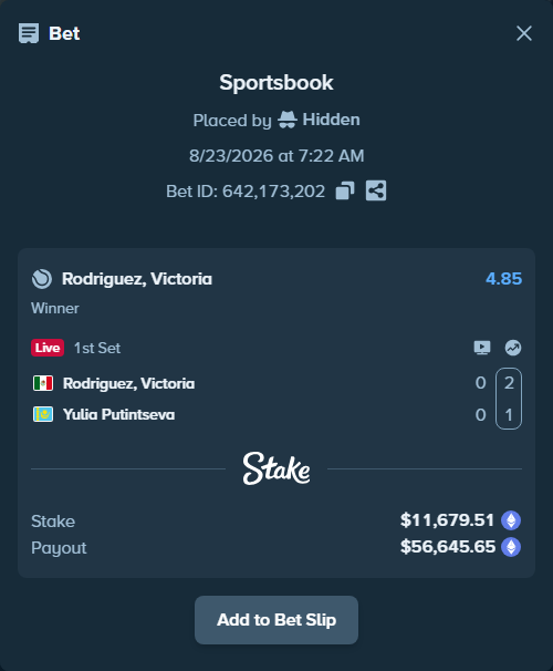 Bet slip: Rodriguez, Victoria - Yulia Putintseva, $11,528.66 stake at 4.85 odds, placed by Hidden