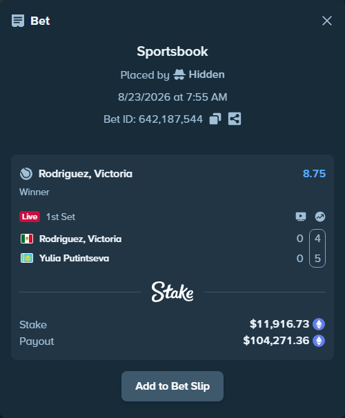 Bet slip: Rodriguez, Victoria - Yulia Putintseva, $11,941.14 stake at 8.75 odds, placed by Hidden