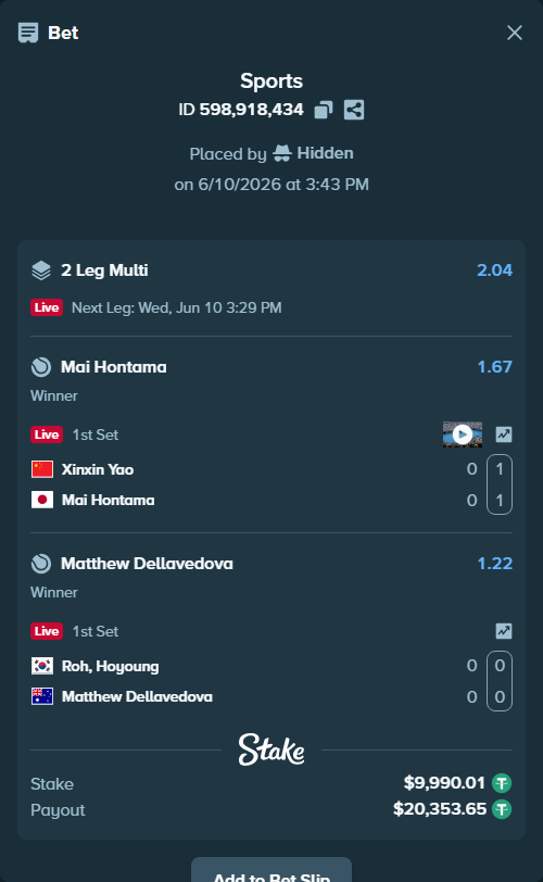 Bet slip: Roh, Hoyoung - Matthew Dellavedova, $10,000.00 stake at 1.22 odds, placed by Hidden