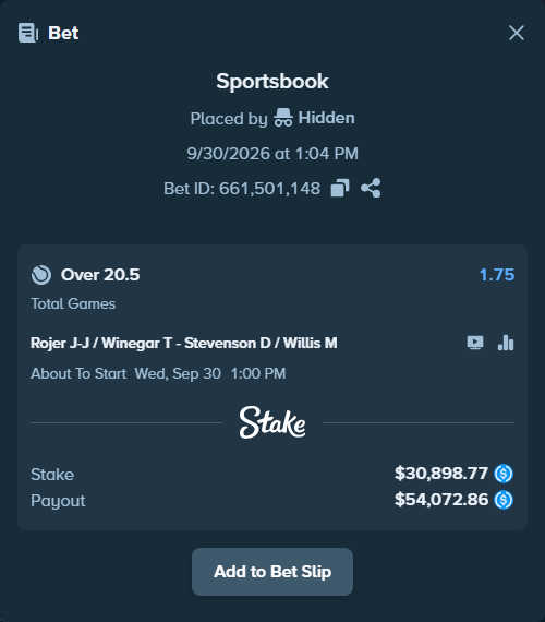 Bet slip: Rojer J-J / Winegar T - Stevenson D / Willis M, $30,898.77 stake at 1.75 odds, placed by Hidden