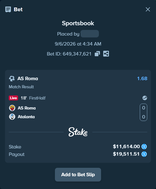 Bet slip: Roma - Atalanta, $11,614.00 stake at 1.68 odds, placed by Vicceforb