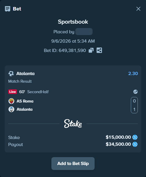 Bet slip: Roma - Atalanta, $15,000.00 stake at 2.30 odds, placed by Bokket