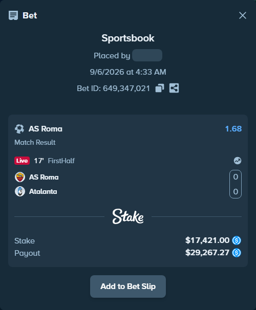 Bet slip: Roma - Atalanta, $17,421.00 stake at 1.68 odds, placed by Ugresset