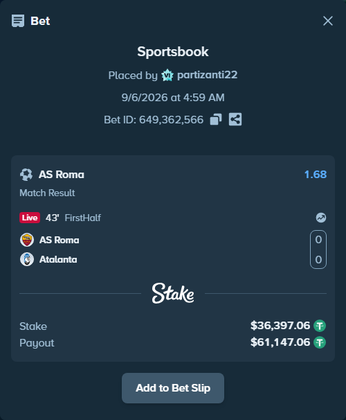 Bet slip: Roma - Atalanta, $36,393.42 stake at 1.68 odds, placed by partizanti22