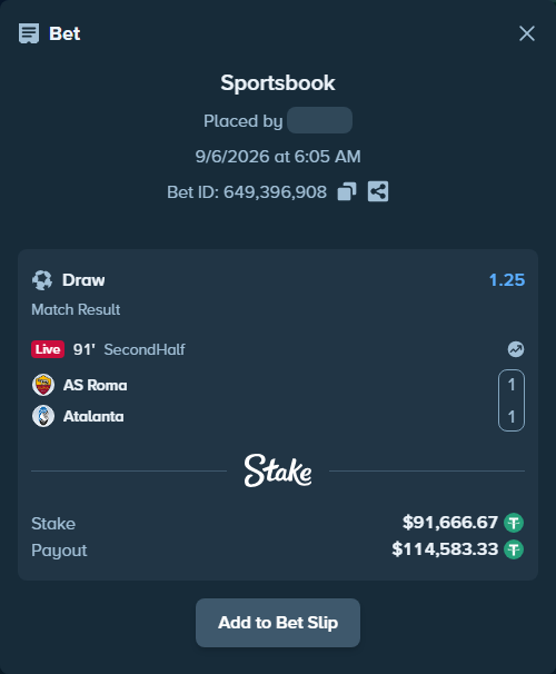 Bet slip: Roma - Atalanta, $91,657.50 stake at 1.25 odds, placed by partizanti22