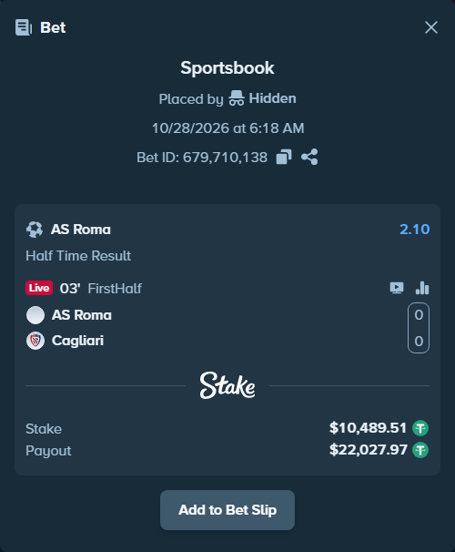 Bet slip: Roma - Cagliari, $10,500.00 stake at 2.10 odds, placed by Agus1033