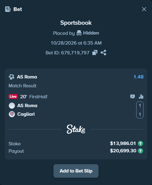 Bet slip: Roma - Cagliari, $14,000.00 stake at 1.48 odds, placed by Iben1993