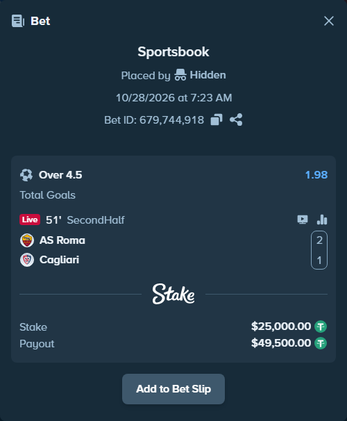 Bet slip: Roma - Cagliari, $25,025.00 stake at 1.98 odds, placed by Hidden