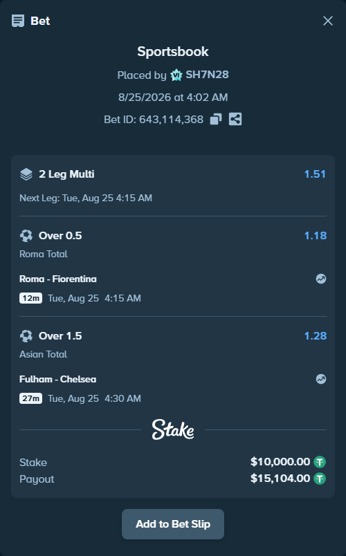 Bet slip: Roma - Fiorentina, $10,000.00 stake at 1.18 odds, placed by SH7N28