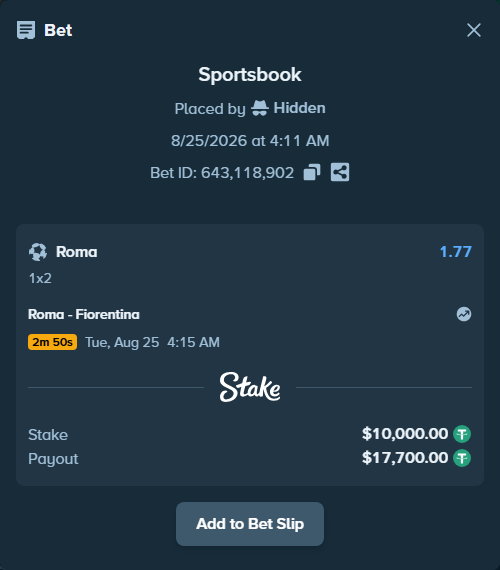 Bet slip: Roma - Fiorentina, $10,000.00 stake at 1.77 odds, placed by Hidden