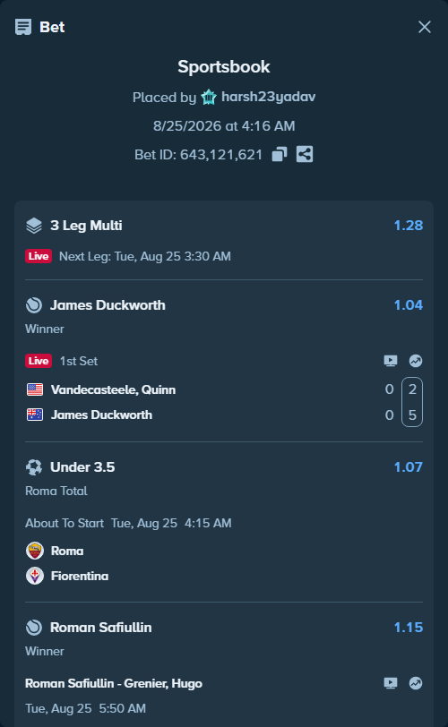 Bet slip: Roma - Fiorentina, $12,664.96 stake at 1.07 odds, placed by harsh23yadav