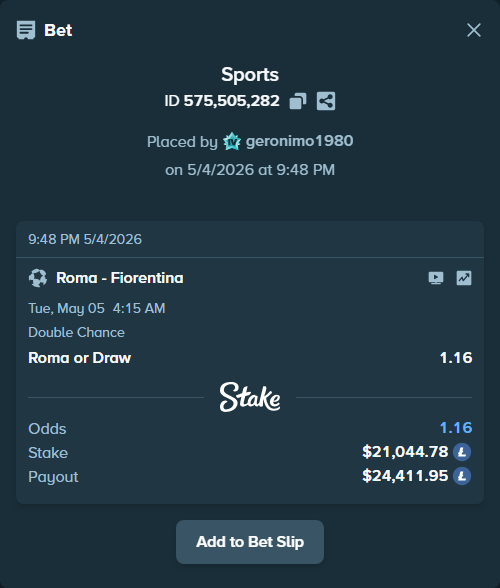 Bet slip: Roma - Fiorentina, $16,950.52 stake at 1.16 odds, placed by geronimo1980