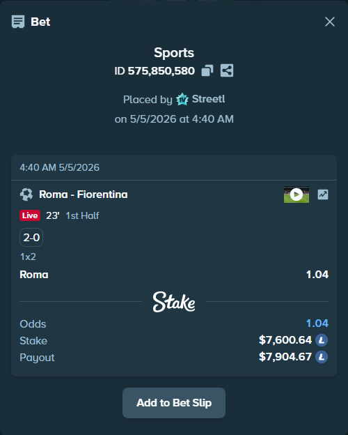 Bet slip: Roma - Fiorentina, $6,291.15 stake at 1.04 odds, placed by Streetl