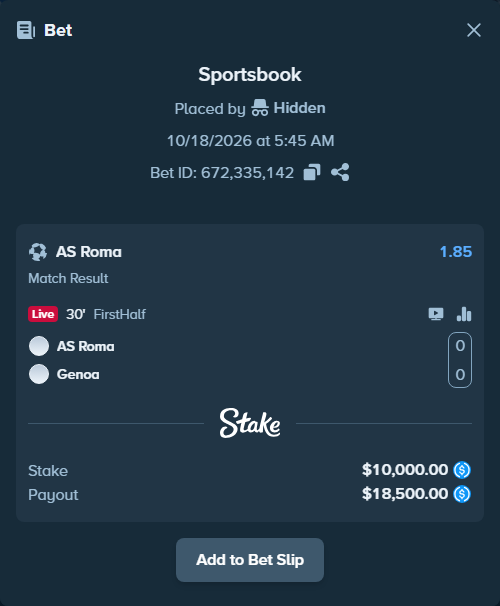 Bet slip: Roma - Genoa, $10,000.00 stake at 1.85 odds, placed by MrBigMG