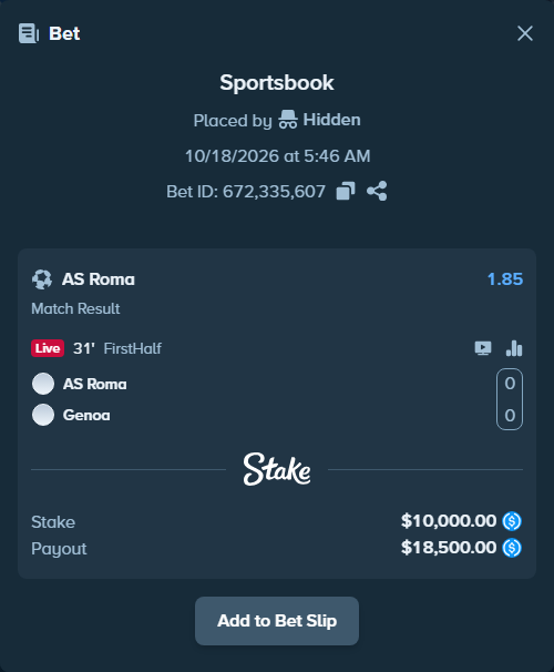 Bet slip: Roma - Genoa, $10,000.00 stake at 1.85 odds, placed by MrBigMG