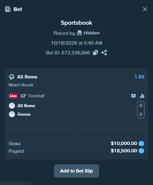Bet slip: Roma - Genoa, $10,000.00 stake at 1.85 odds, placed by mathiasjuel