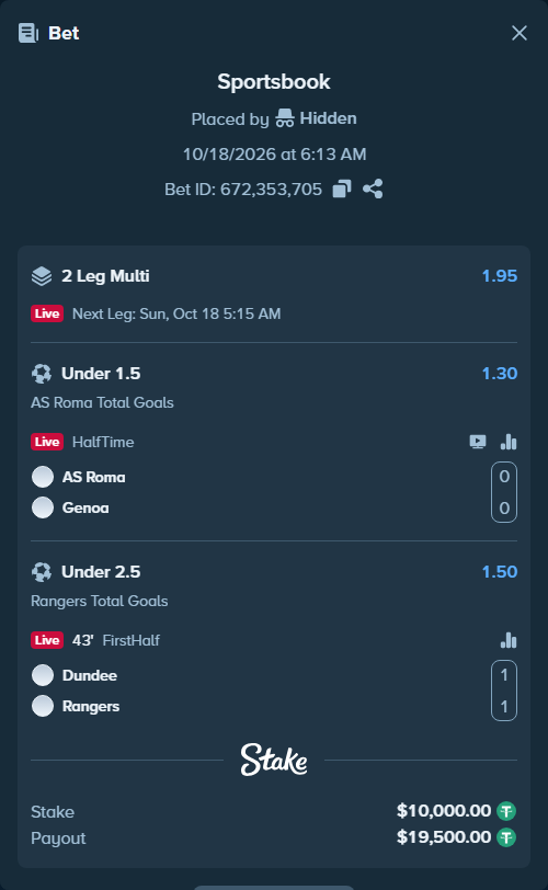 Bet slip: Roma - Genoa, $10,010.00 stake at 1.30 odds, placed by Hidden
