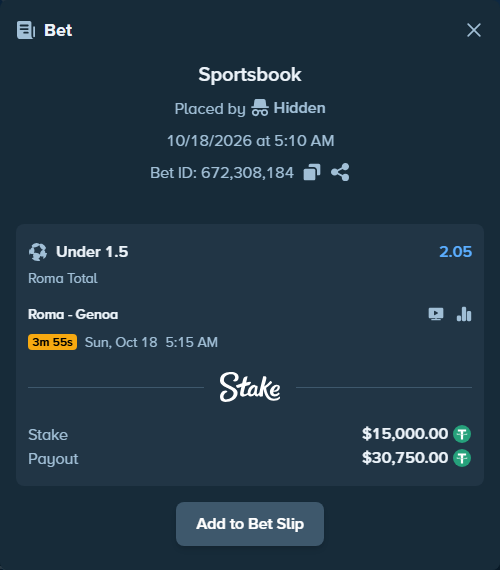 Bet slip: Roma - Genoa, $15,015.00 stake at 2.05 odds, placed by Seedorf4321