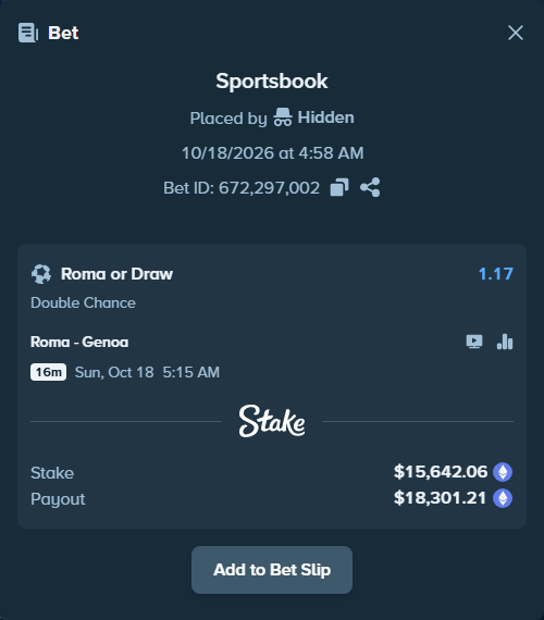 Bet slip: Roma - Genoa, $15,618.56 stake at 1.17 odds, placed by Coco43pl