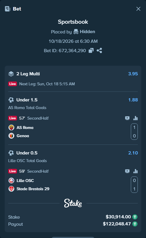 Bet slip: Roma - Genoa, $30,944.91 stake at 1.88 odds, placed by Hidden