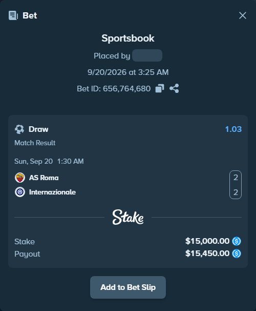 Bet slip: Roma - Inter, $15,000.00 stake at 1.03 odds, placed by petterblom