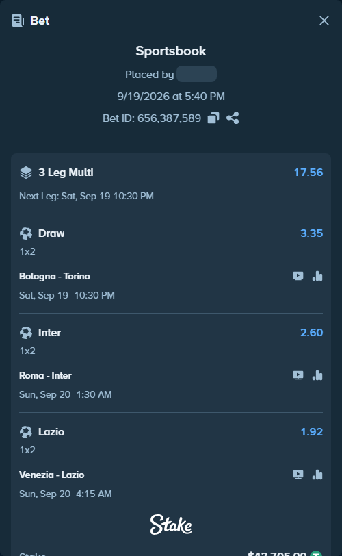 Bet slip: Roma - Inter, $43,705.00 stake at 2.60 odds, placed by kabic555