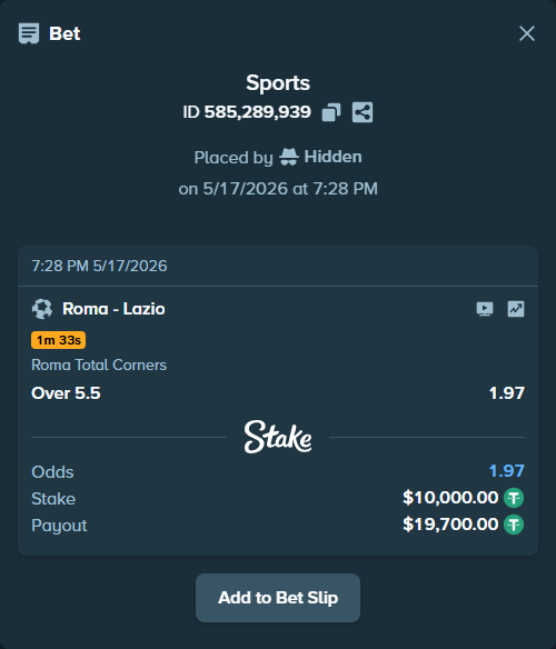 Bet slip: Roma - Lazio, $10,000.00 stake at 1.97 odds, placed by Hidden