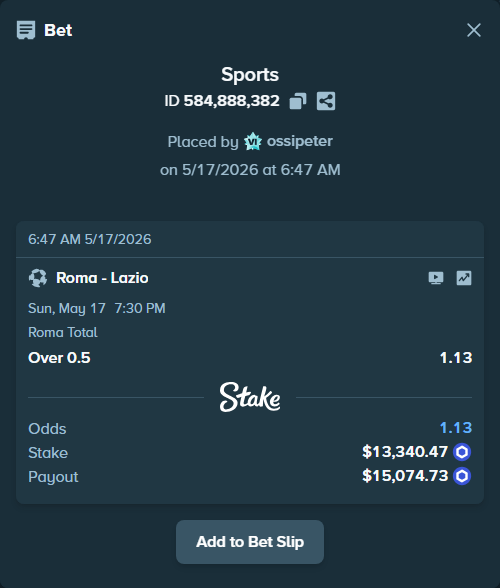 Bet slip: Roma - Lazio, $10,881.42 stake at 1.13 odds, placed by ossipeter