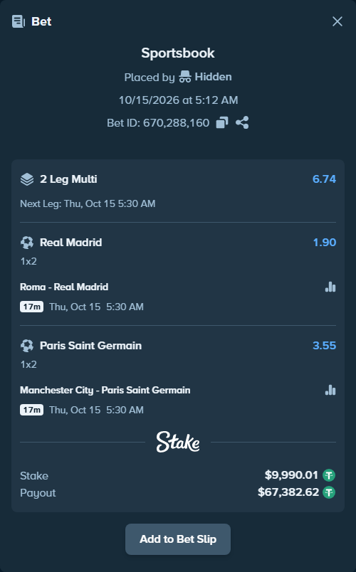 Bet slip: Roma - Real Madrid, $10,000.00 stake at 1.90 odds, placed by Alza3em