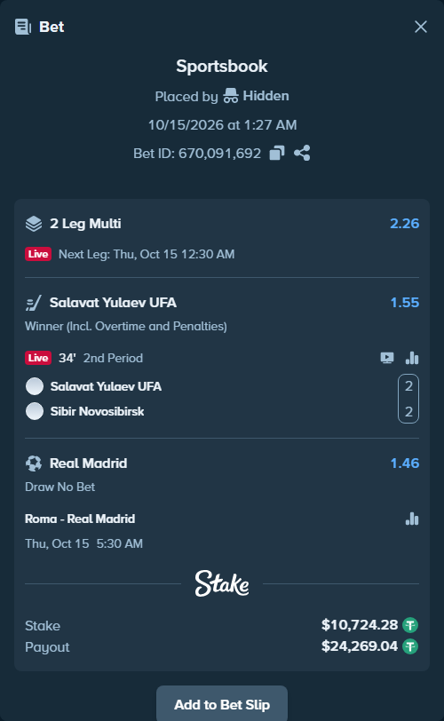 Bet slip: Roma - Real Madrid, $10,735.00 stake at 1.46 odds, placed by MrNoluck92